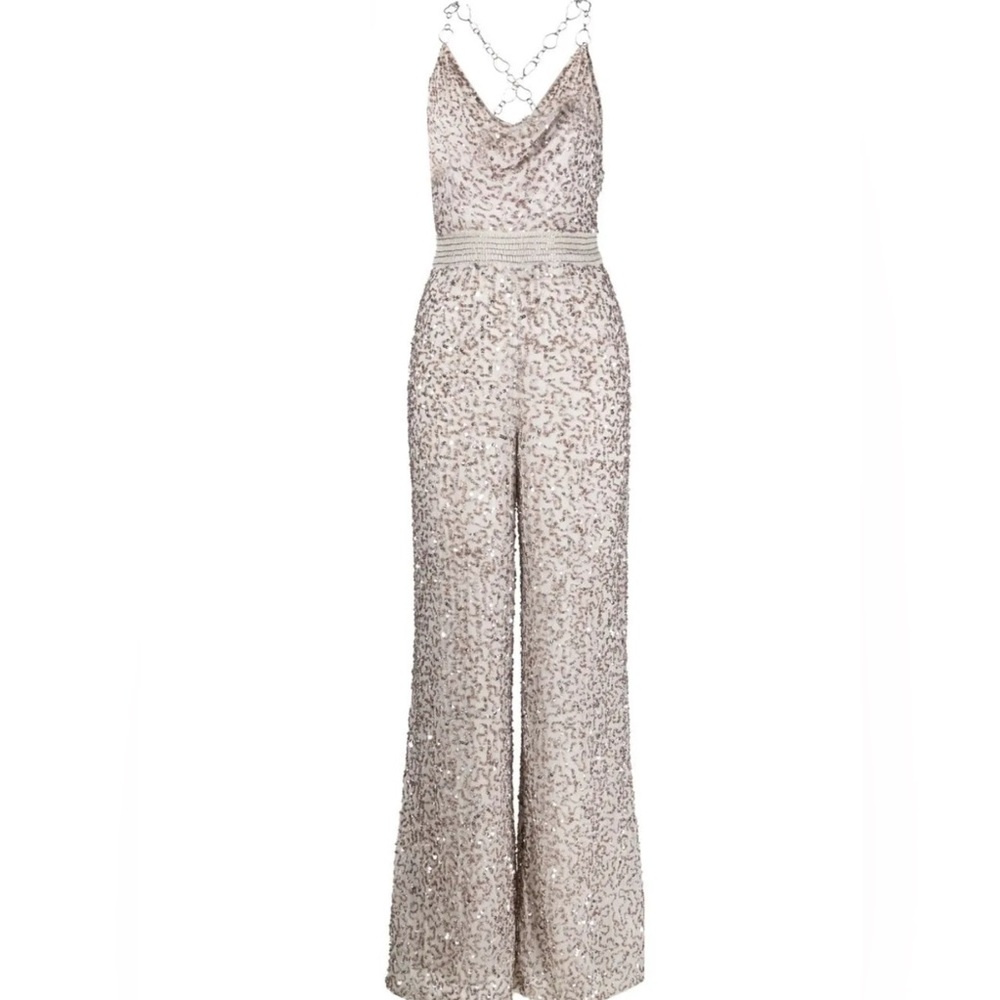 ALICE AND OLIVIA Riska Embellished Cowl Neck Chain Crepe Jumpsuit In Grey